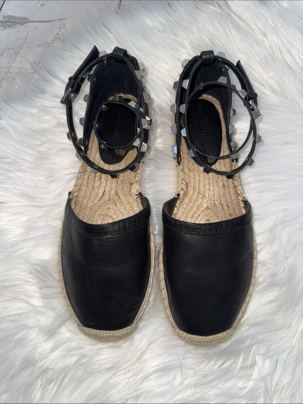 Rebecca Minkoff Black Leather Espadrille Flats with Studded Ankle Wraps Size 7.5